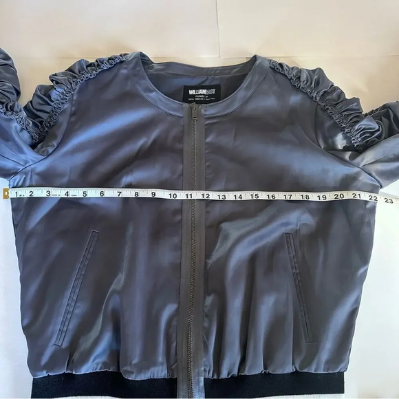 William Rast Dark Blue Bomber Jacket Sleeve Ruffles Satin Sporty Stripe Hem - Picture 7 of 10